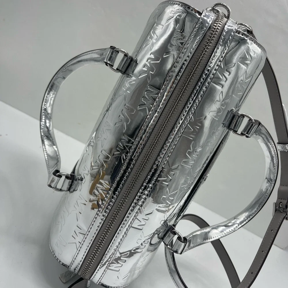 MICHAEL KORS Jet Set Medium Patent Logo Debossed Duffel Crossbody Bag Silver NWT